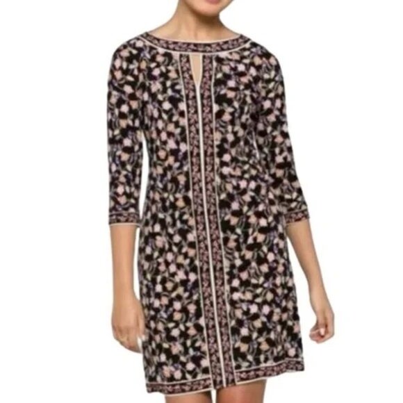 Wisp Marnie Knit Floral Shift Dress Size 6 3/4 Sleeve Black Multi Fairygoth NEW - Picture 1 of 13